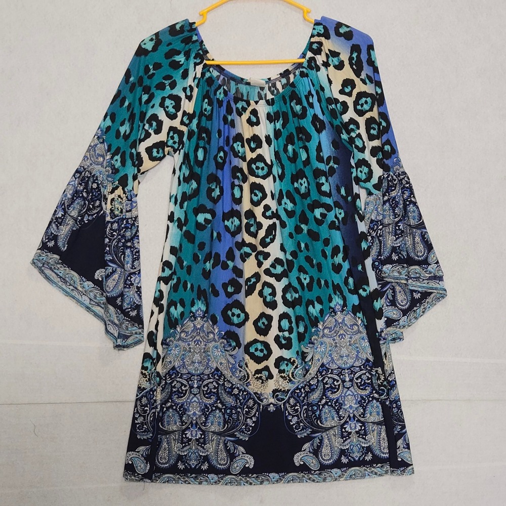 Blue Leopard Paisley Bell Sleeve Tunic Top Mini Dress Medium Style 512388
